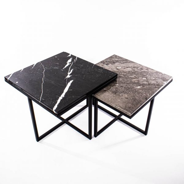 Woodson an Stone salontafel set marmer - Dark Atlas and Grey Shells - RVS kruisframe - In-en-uitschuifbaar